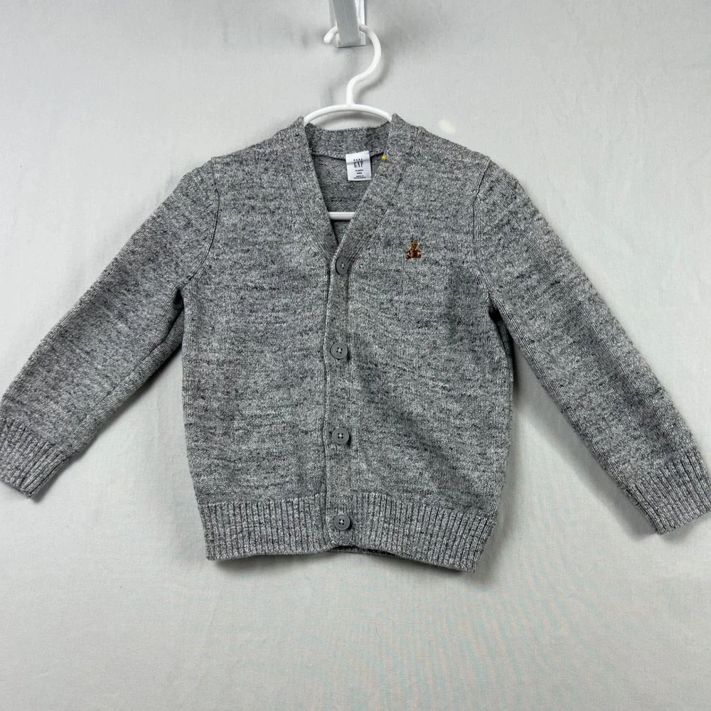 Baby Gap Cardigan Sweater Kids 4T Gray Marl Bear Logo Button Front V-Neck